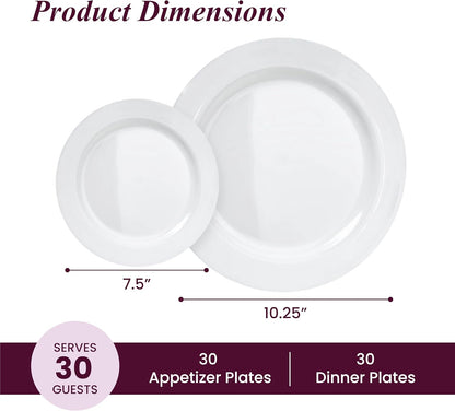 Pack of 60 White Plastic Plates - Aya's Heavy Duty Disposable Set of 30 Dinner and 30 Salad Plates - Durable Round Plastic Dinnerware Set for Parties and Events
