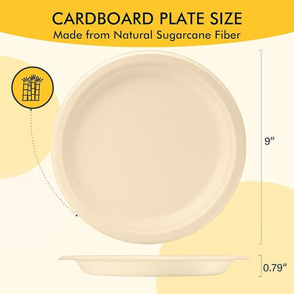RACETOP Compostable Paper Plates 9 Inch [125 Pack], Disposable Biodegradable Heavy Duty Paper Plates, Made of Natural Sugarcane Fibers, Unbleached Brown, Round