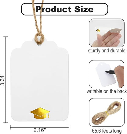 ASYEHJNR 100Pcs Blank Gift Tags with String Foil Gold Grad Cap Large White Paper Gift Tags with 65 Ft Jute Twine for Congrats Grad Congratulations Graduation Party