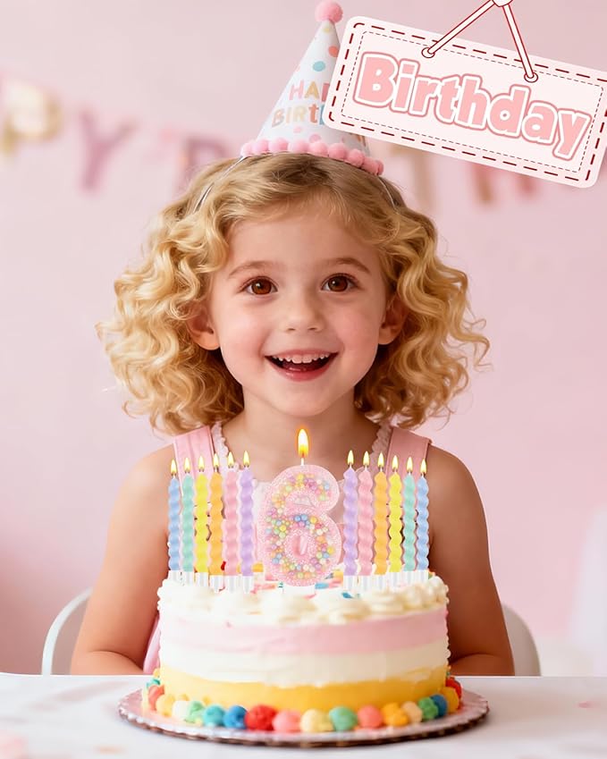 Birthday Candles for Cake, Macaron Number Candles, Cake Candles with Greeting Card for Birthday Party Wedding Anniversary Celebrations (6 Candle)