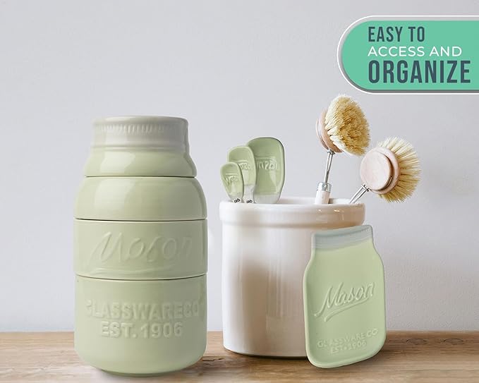Comfify Mason Jar Kitchenware - Green Ceramic Decor with 4 Measuring Cups, 4 Measuring Spoons and Spoon Rest - Vintage Style