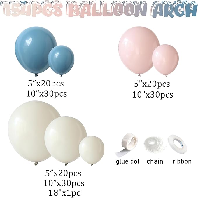Gender Reveal Decorations,154pcs Pink Blue White Balloon Arch Garland Kit,Dusty Pink Dusty Blue White Sand Balloons For Boho Neutral Gender Reveal Oh Baby Shower Bear Birthday Party Decoration