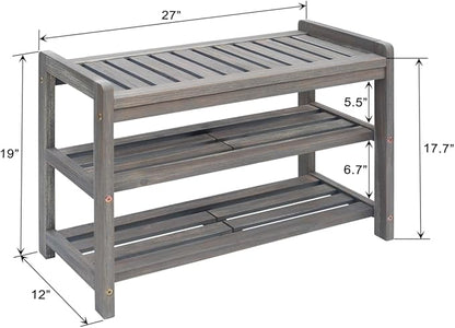 27-Inch Wooden Shoe Bench for Entryway, 3-Tier Storage Organizer, Rustic Shoe Rack Bench for Narrow Spaces, Brush Grey