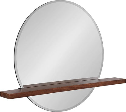 Kate and Laurel Fossett Frameless Round Wall Mirror, 24 Inch Diameter, Walnut Brown, Decorative Functional Mirror with Shelf for Storage and Display