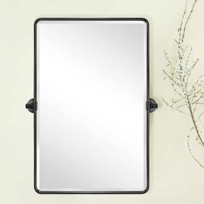 Farmhouse Pivot Rectangle Bathroom Mirror Oil Rubbed Bronze Metal Framed Tilting Beveled Vanity Mirrors for Wall, Overall 23.91 x 30 inches (Mirrror 20 x 30 inches)