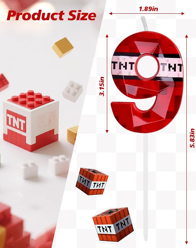 Number 9 Red Pixel Birthday Candle, TNT Themed Birthday Candles for Cake, 2.74 Inch Green Miner Number Candles, Game Themed Candle Birthday Decoration, Red Birthday Cake Topper for Boys Girls Party