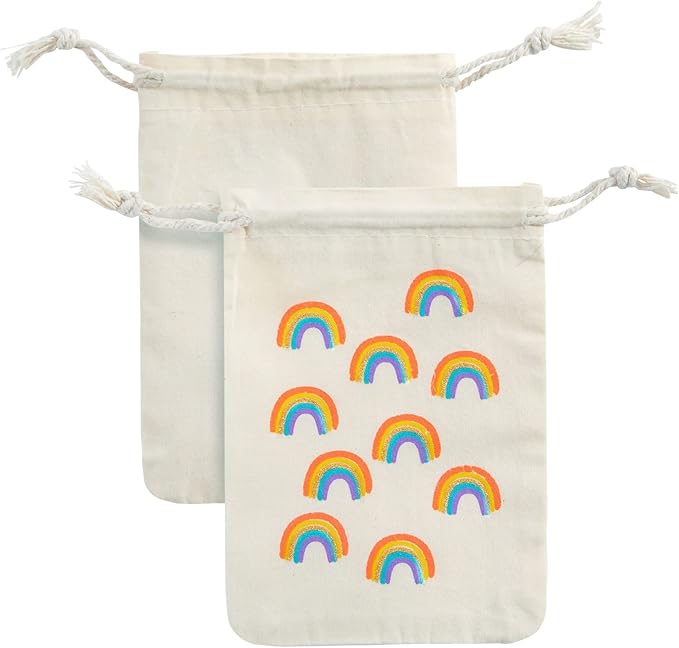 Juvale Rainbow Canvas Bags - 4 x 6 In, Pack of 12 - Mini Canvas Drawstring Bags for Kids & Party Favors - Rainbow Design