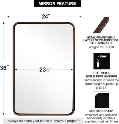 ANDY STAR Bronze Bathroom Mirror, 24X36 Bronze Vanity Mirror for Wall, Rounded Rectangle Mirror Tube Metal Frame Hang Vertically or Horizontally