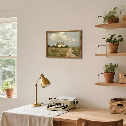 Vintage Farmhouse Wall Art, Country Cottage Wall Decor Paintings, Framed 3D Textured Hand Drawn Sandstone Natural Countryside Landscape Artwork for Bedroom Living Room 12x16 inch Wood Frame