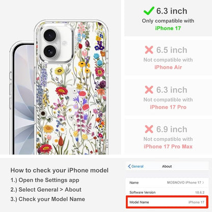 MOSNOVO for iPhone 17 Case | Military Grade 6.6ft Drop Tested | Camera Control | Clear with Wildflower Meadow Design