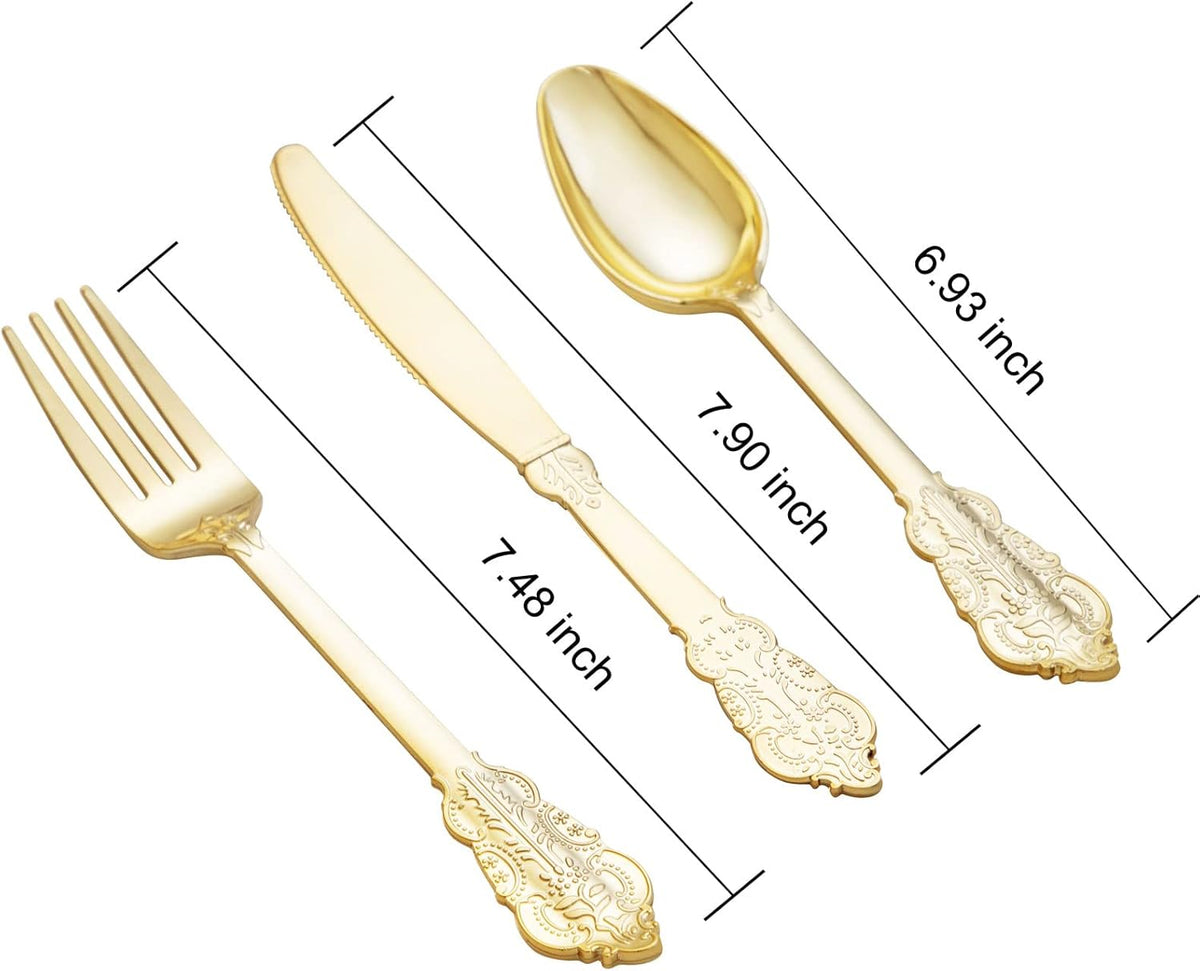 bUCLA 600 Pieces Gold Plastic Silverware - Plastic Gold Utensils - Heavyweight Disposable Cutlery - 200 Forks, 200 Spoons, 200 Knives for Party & Thanksgiving