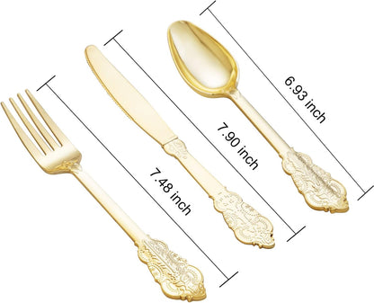 bUCLA 600 Pieces Gold Plastic Silverware - Plastic Gold Utensils - Heavyweight Disposable Cutlery - 200 Forks, 200 Spoons, 200 Knives for Party & Thanksgiving