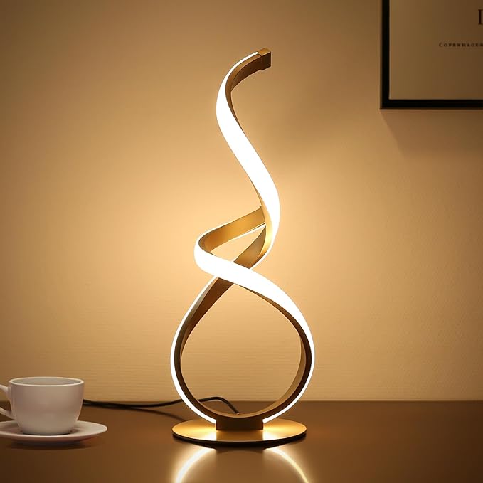 Bedside Table Lamp, LED Touch Dimmable Spiral Desk Lamp for Night Stands, 3 Color Temperature Modern Nightstand Light, Unique Side Light for Living Room, Bedroom, Gold