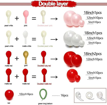 Red Pink Balloon Arch Double Stuffed Latex Pink White Pearl Balloons Red Green Long Balloon Garland for Cheery On Top Baby Shower Birthday Christmas Bridal Shower Garden Berry Party Decoration