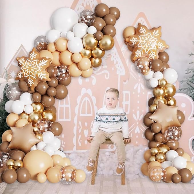 135PCS Christmas Gingerbread Snowflake Balloon Arch Garland Kit, Brown White Christmas Balloon Garland with 24inch Gingerbread Snowflake Foil Balloons for Xmas Gingerbread House Winter Decorations