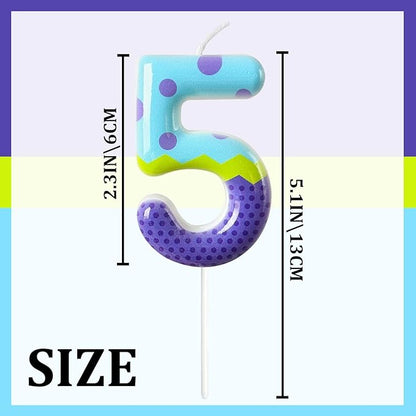 Number 5 Birthday Candle for Cake – Colorful Polka Dot & Patchwork Design – Fun Cake Topper Decoration for Birthday Celebration