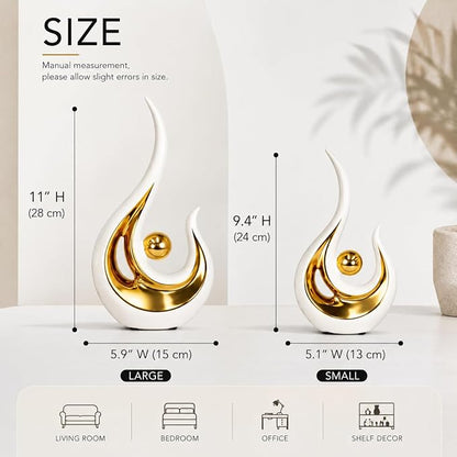 2Pcs Abstract Art Ceramic Statue, Modern White Gold Sculpture for Home Decor, Shelf Decorations Table Centerpiece for TV Stand, Console Table, Dining Room, Living Room, Office