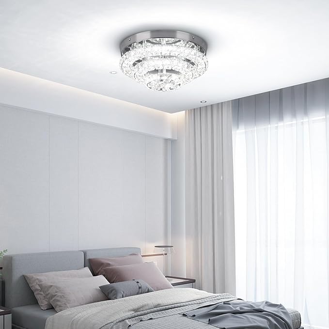 11.8" Crystal Chandeliers Modern Crystal Ceiling Light LED Chandeliers Semi Flush Mount Chandelier Ceiling Light Fixture for Bedrooms Dining Living Room Hallway (6500K Cool White)