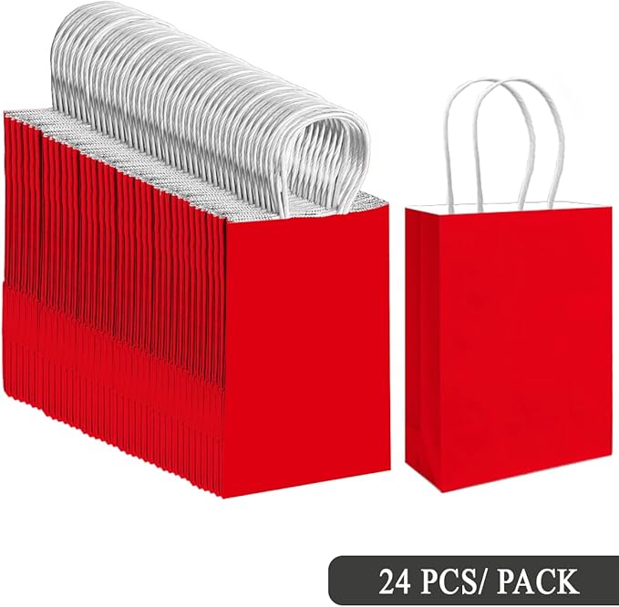 qiqee 24PCS Small Gift Bag with Handles Bulk 8.3"x6"x3" Gift Bags Red Bags Multiple Uses (Small Size)