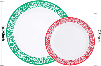 Rubtlamp 60PCS Christmas Plastic Plates, Red Lace Disposable Plates, White Heavy Weight Plates Sets Includes 30 Fancy Salad Platos 7.5”,30 Green Dinner Platos 10.25” For Christmas Party Wedding