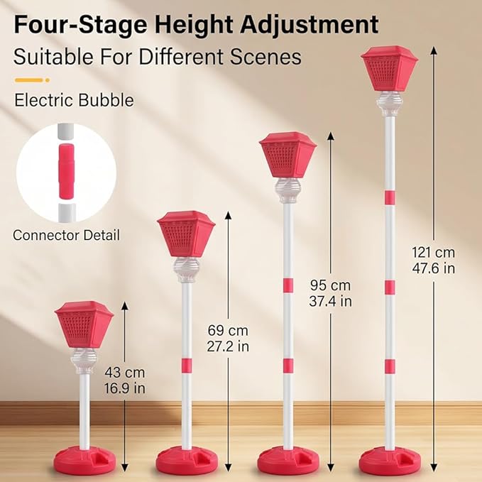 Standing Bubble Machine, Rechargeable Automatic Bubble Maker with Light Music, 3-Level Adjustable Heights, Detachable Bubble Wand for Outdoor Party Wedding and Event Decor (Red)