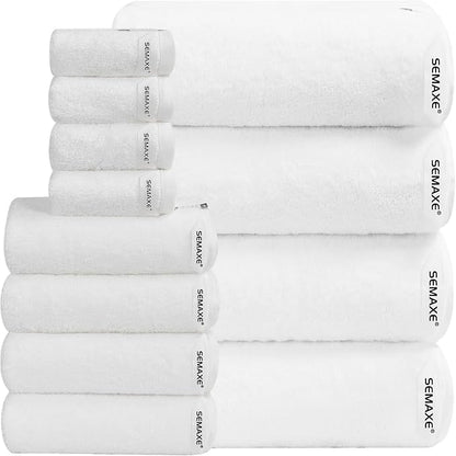 SEMAXE Bath Towel Set, 12 Piece Cotton Towel Set for Bathroom, More Towels for Family Use, Quick Dry with Hanging Loops, Easy Care, White