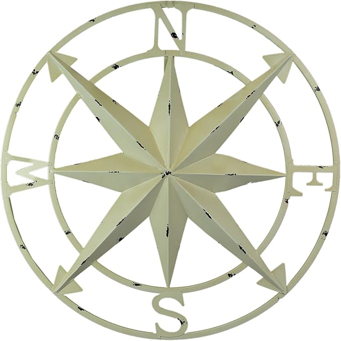 Nautical Compass Rose Wall Hanging Sculpture - Antiqued White Finish Metal Indoor Outdoor Ocean Decor - 20.5 Inch Diameter Elegant Maritime Home Accent Piece