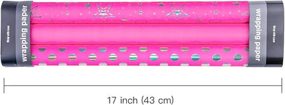 WRAPAHOLIC Pink Girls Wrapping Paper Roll - Mini Roll - 3 Roll - 17 Inch x 120 Inch - Foil Wrapping Paper for Kids Girls Birthday, Baby Shower, Wedding, Bridal Shower