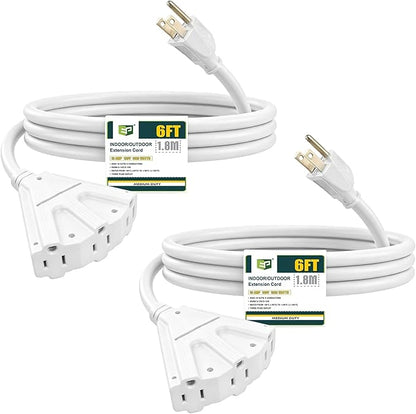 EP 2 Pack 6 Ft Outdoor Extension Cord with 3 Electrical Power Outlets - 16/3 SJTW White Cable with 3 Prong Grounded Plug for Safety Great for Christmas Lights, Garden and Major Appliances
