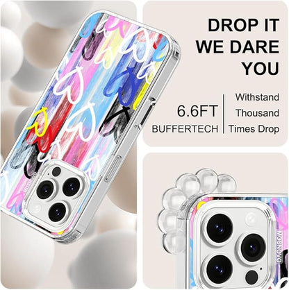 MOSNOVO for iPhone 16 Pro Case, Shockproof Military-Grade Protection 6.6ft Drop Tested, Clear Phone Case for iPhone 16 Pro, Graffiti Hearts Design