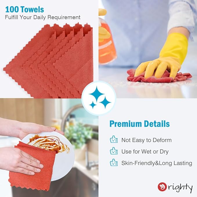 Orighty Cleaning Cloths, Shop Towels 100 Pack, Shop Rags Reusable, Microfiber Cleaning Rags Bulk for Cars, Multi-Purpose Lint Free Towels for Automotive, Mechanic, Kitchen, 11.5’’ x 11.5’’, Red