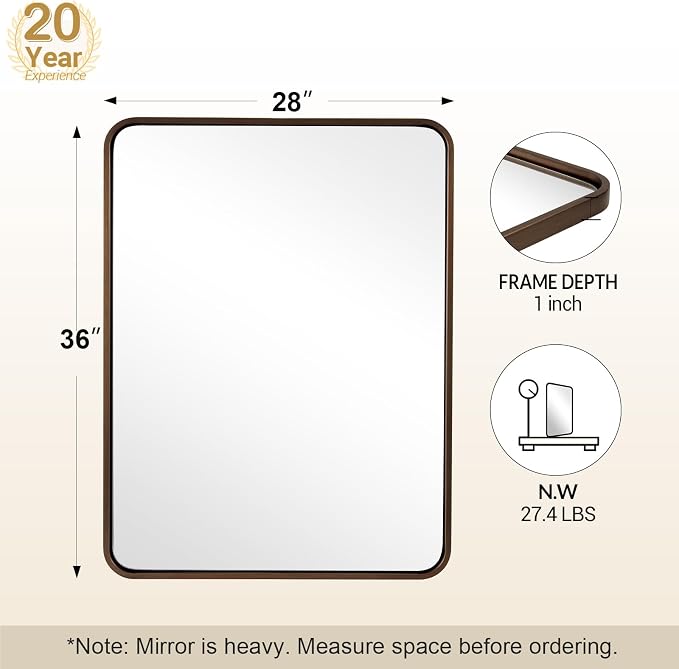 ANDY STAR 28x36 INCH Bronze Bathroom Mirror, Rounded Rectangle Oil Rubbed Bronze Mirrors for Bathroom,Tube Metal Framed, 1’’ Deep Wall Mounted Vertically/Horizontal