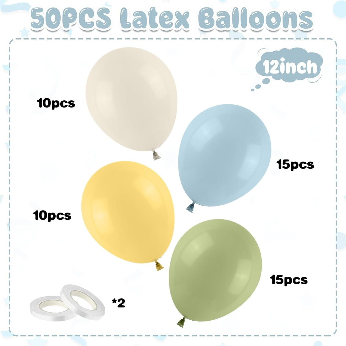 Sage Green Dusty Blue Yellow Balloons, 50PCS 12inch Olive Green Macaron Yellow Mist Blue White Sand Cream Latex Balloon for Birthday Wedding Baby Shower Party Deocrations Supplies