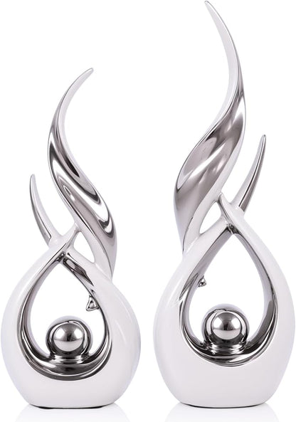 2 PCS White Silver Ceramic Statues For Home Decor Accents, Modern Abstract Art Sculptures, Elegant Tabletop Decorative Objects For Dining Room, Entryway, Tv Stand, Mantel, Coffee Table Centerpieces