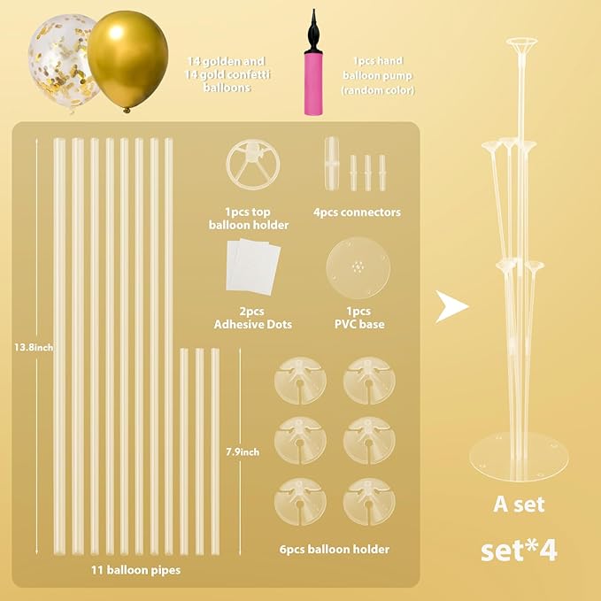 Voircoloria 4 Sets Balloon Stand Kit, Balloon Sticks Holder Table Centerpiece with Gold Balloons for Christmas Graduation Birthday Wedding New Year 2026 Party Decorations(Gold)
