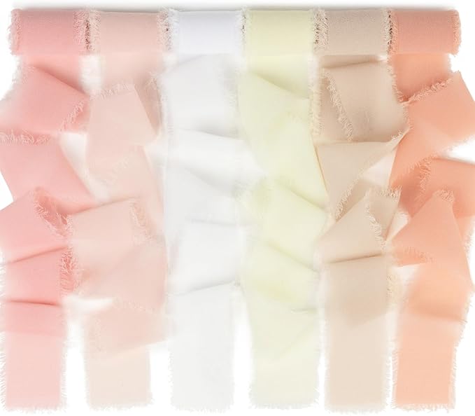 Handmade Fringe Chiffon Silk Ribbon 1.5 Inch x 3Yd Peach/Blush/Pink Soft Colorful Frayed Chiffon Ribbon for Wedding Invitation Flower Bouquets Gift Wrapping Bridal Shower