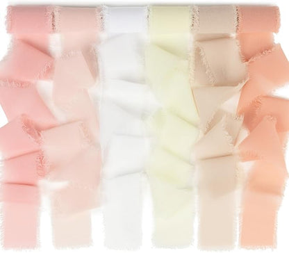 Handmade Fringe Chiffon Silk Ribbon 1.5 Inch x 3Yd Peach/Blush/Pink Soft Colorful Frayed Chiffon Ribbon for Wedding Invitation Flower Bouquets Gift Wrapping Bridal Shower