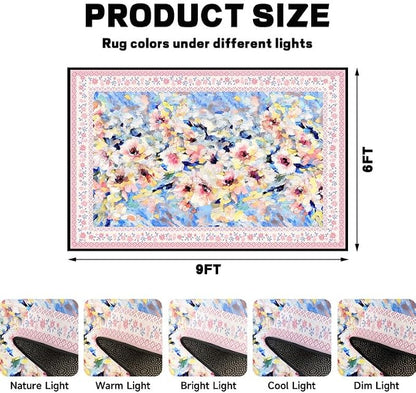 Floral Oil Painting Area Rug Watercolor Flower Print Rugs for Entryway Bedroom Living Room Nursery Kitchen Playroom Home Decor Washable Low Pile Floor Mat Carpet,6'x9'