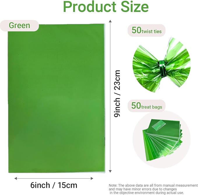 AimtoHome Cellophane Treat Bags Green, 9x6 inches, 50 Pack with Ties,Small Party Favors bags for Cookie Candy Popcorn