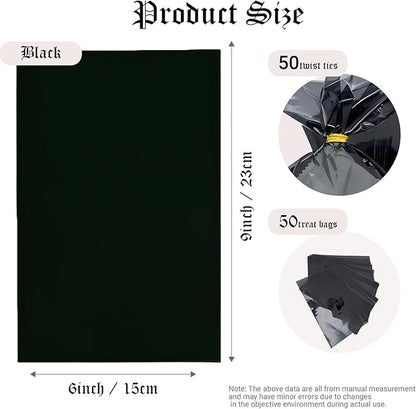 AimtoHome Cellophane Treat Bags Black, 9x6 inches, 50 Pack with Ties,Small Party Favors bags for Cookie Candy Popcorn
