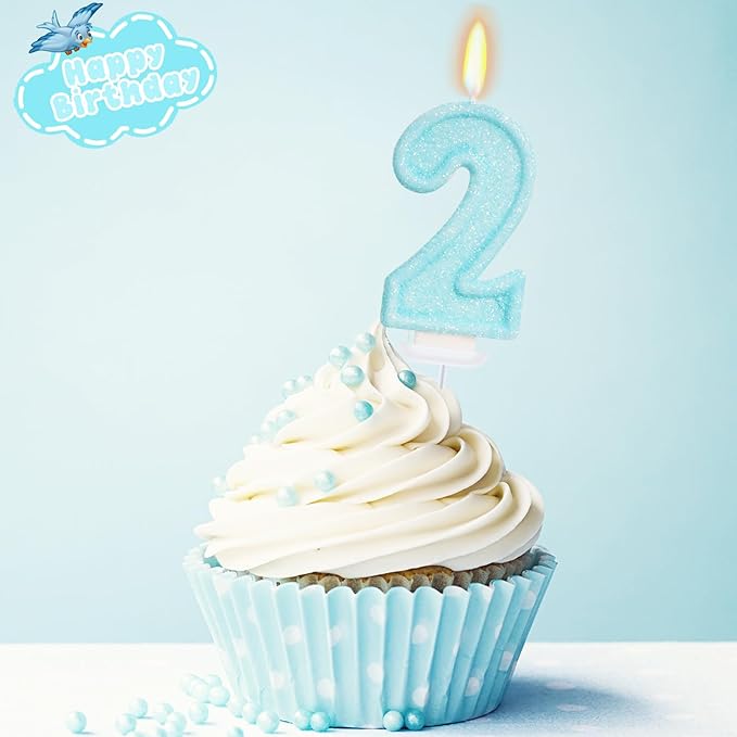 Blue Birthday Candles - Number 2 Candle for 2nd Birthday Decorations for Girl Boys, Sky Blue Cake Decorations Sweet Theme Party Supplies