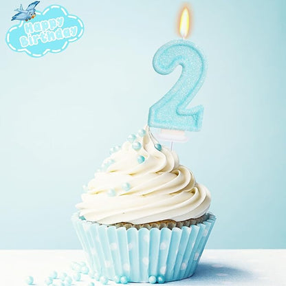 Blue Birthday Candles - Number 2 Candle for 2nd Birthday Decorations for Girl Boys, Sky Blue Cake Decorations Sweet Theme Party Supplies