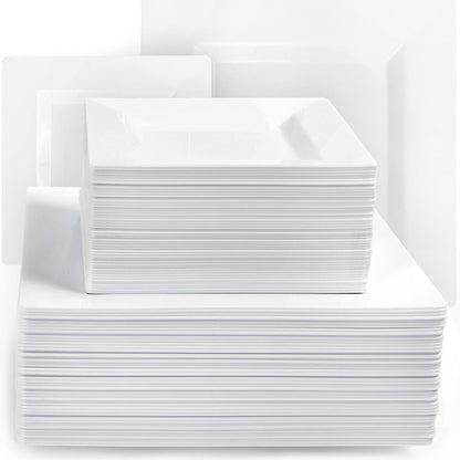 Aya's Cutlery Kingdom 100 Square Plastic Plates - Heavy Duty Disposable Plates - Includes 50 Dinner Plates (10-Inch) and 50 Salad Appetizer Plates (7-Inch) - Elegant White Party Plate for Holidays