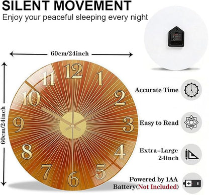 24 Inch Orange Sunburst Glass Wall Clock Silent Art Decor | Silent glossy clock with warm orange sunburst and gold numbers, accurately tracking time for your retro living room
