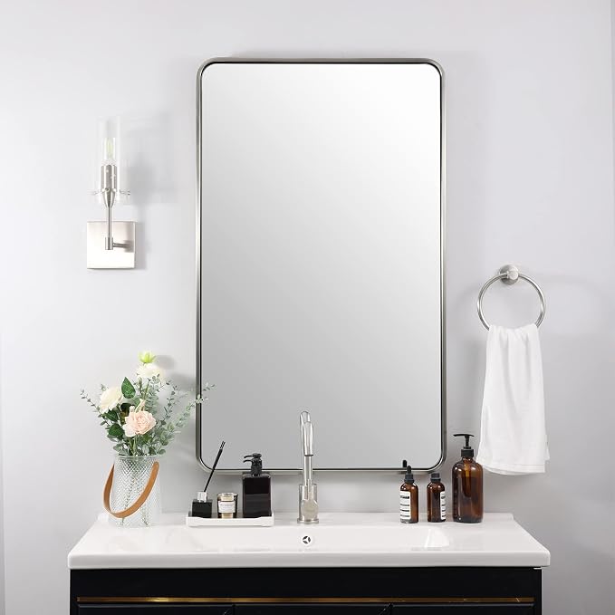 ANDY STAR 24x40'' Bathroom Mirror for Wall, Brushed Nickel Rounded Rectangle Mirror for Vanity in Stainless Steel Tube Metal Frame Antirust Wall-Mounted Horizontal or Vertical