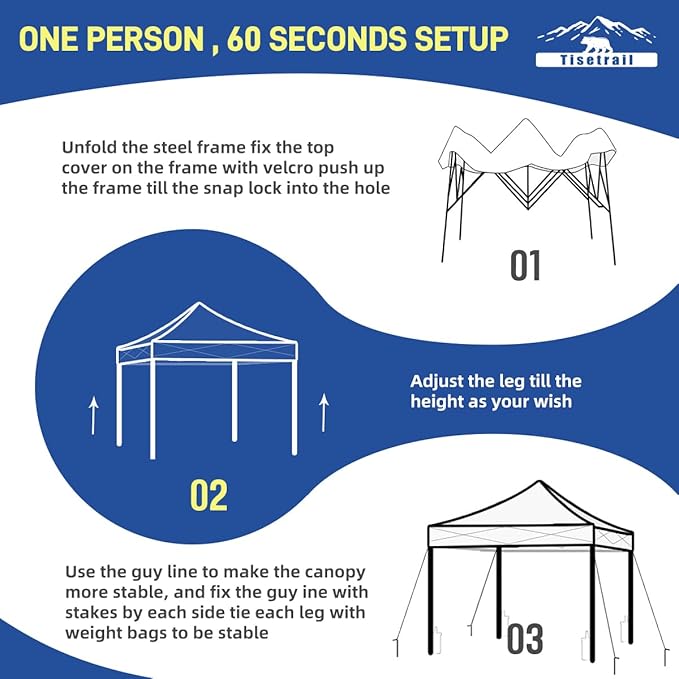 10x10ft Pop Up Canopy Tent - Instant Shelter, Easy Outdoor Sun Shade for Events, Parties, Camping, Portable Outdoor Canopies, Silver Coated Top UPF 50+, 4 Weight Bags - Blue