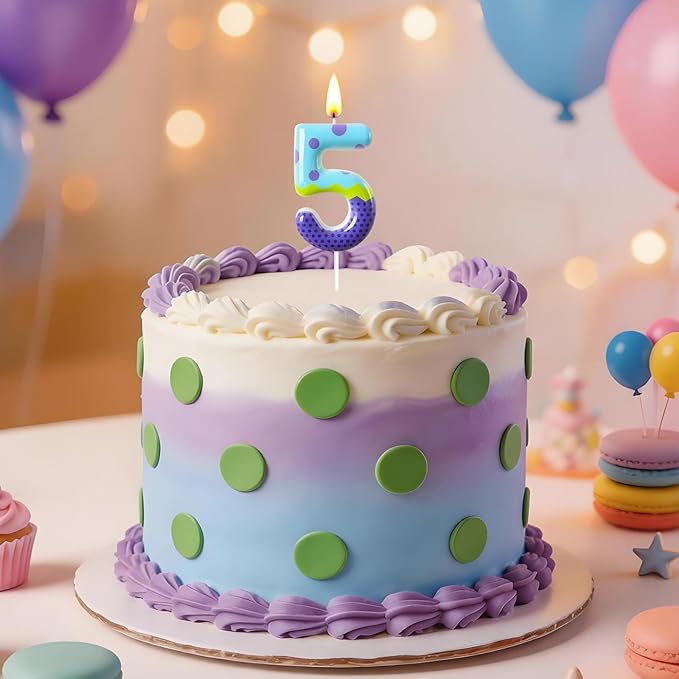 Number 5 Birthday Candle for Cake – Colorful Polka Dot & Patchwork Design – Fun Cake Topper Decoration for Birthday Celebration