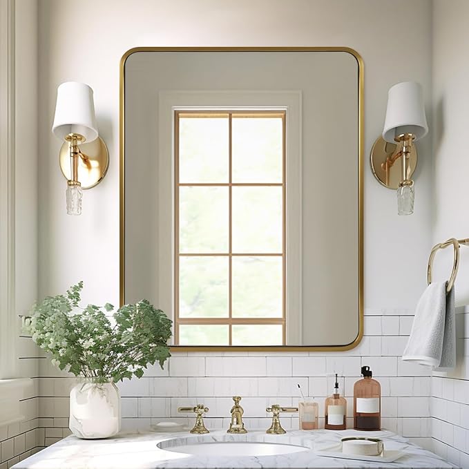 ANDY STAR 40x32 Inch Gold Bathroom Mirror, Brushed Gold Mirrors for Wall in Anti-Rust SUS304 Tube Metal Frame, Rounded Rectangle Mirrors 1’’ Deep Wall Mounted Vertically/Horizontal for Bathroom