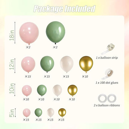 Sage Green Gold Pink Balloon Arch Kit, 163pcs Olive Green Pink Sand White Balloons for Birthday Wedding Baby Shower Gender Reveal Anniversary Bachelorette Parties