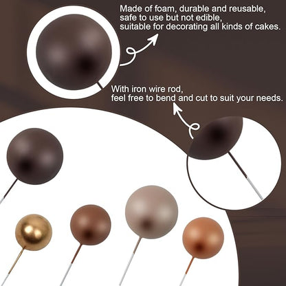 115 PCS Ball Cake Toppers - Mini Balloon Cake Decorations Foam Ball Cupcake Picks DIY cake Insert Toppers for Birthday Party Wedding Baby Shower - Brown Theme